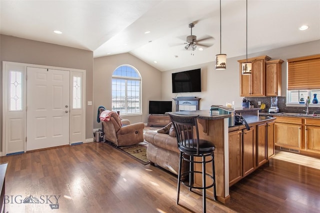 living room with lofted ceiling, sink, ceiling fan, and dark hardwood / wood-style floors