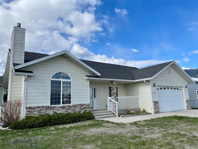 129 Red Mtn, Butte, MT 59701 - ranch-style home featuring an attached garage, a chimney, a porch, a shingled roof, and driveway