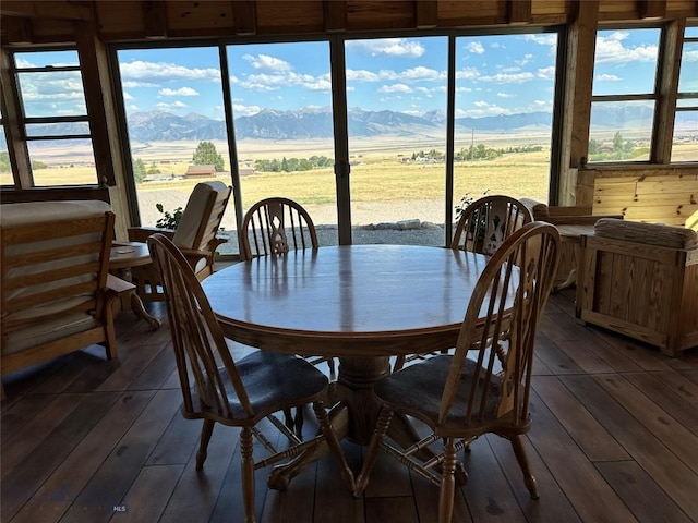 dining area with dark hardwood / wood-style flooring, a rural view, and a mountain view