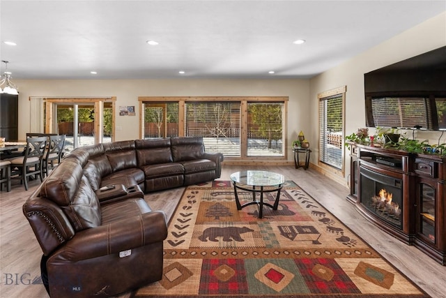 living room with light hardwood / wood-style flooring