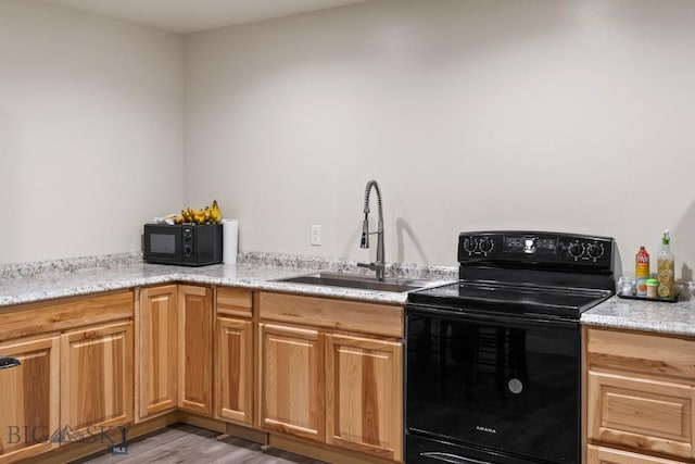 kitchen featuring light stone countertops, light wood-type flooring, black appliances, and sink