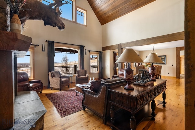 living area with lofted ceiling, wood ceiling, and hardwood / wood-style floors