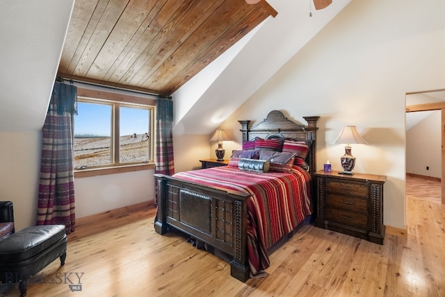 bedroom with vaulted ceiling, wood ceiling, baseboards, and wood-type flooring