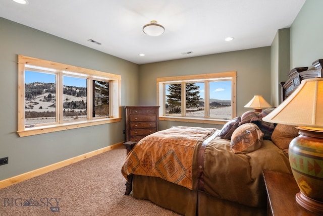 bedroom with recessed lighting, baseboards, visible vents, and carpet floors