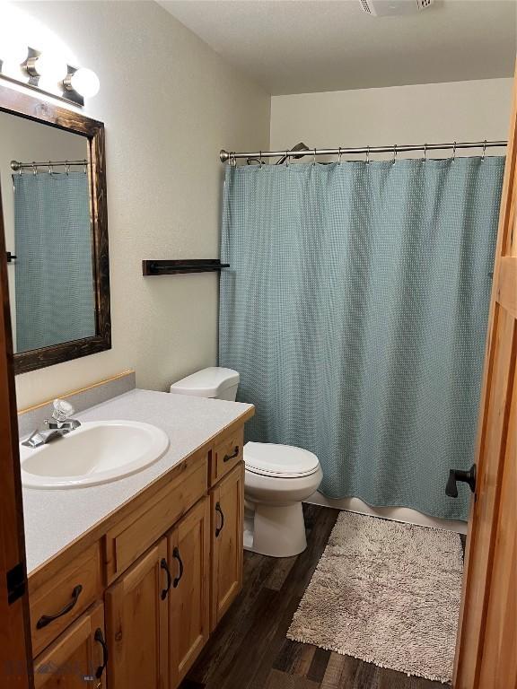 bathroom with toilet, vanity, and hardwood / wood-style flooring