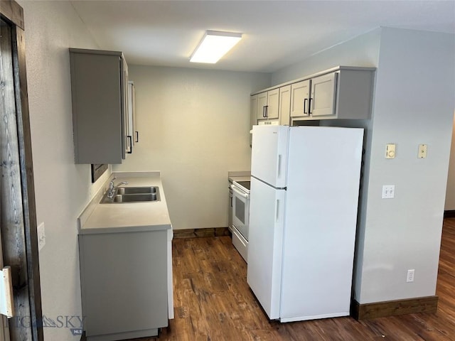 kitchen featuring sink, white appliances, and dark hardwood / wood-style flooring