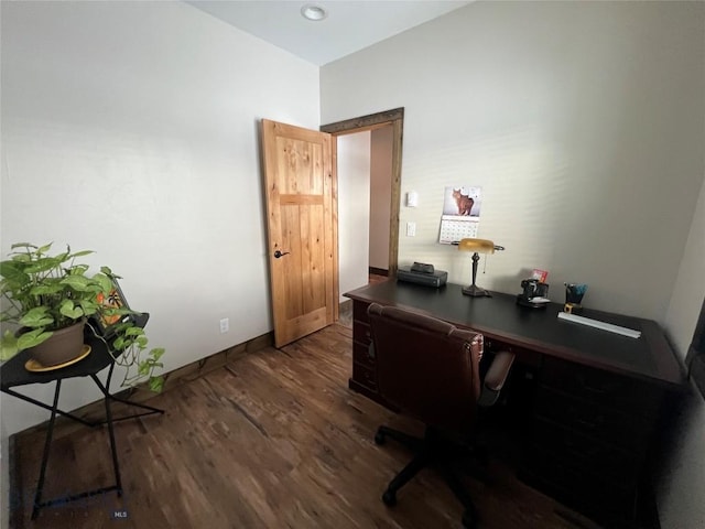 home office featuring dark hardwood / wood-style flooring