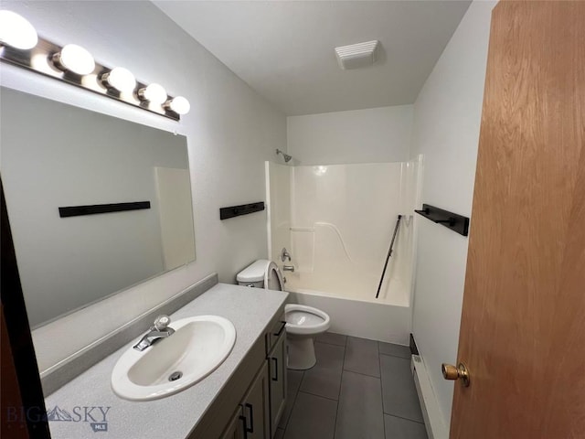 full bathroom with toilet, vanity, shower / bathing tub combination, and tile patterned floors