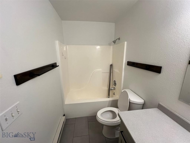 full bathroom with toilet, shower / washtub combination, a baseboard heating unit, tile patterned flooring, and vanity