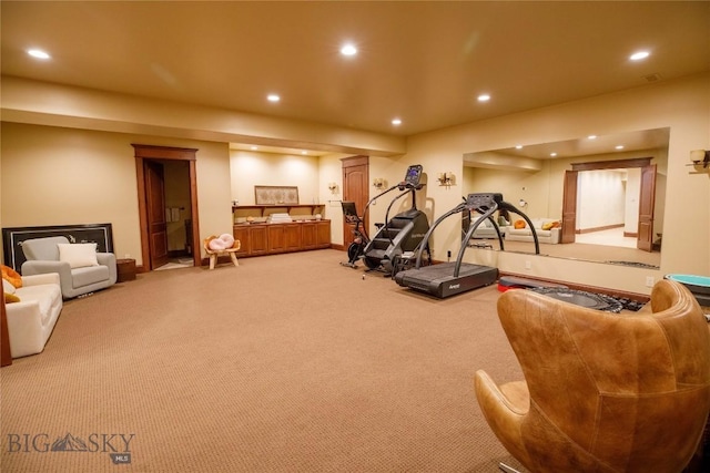 exercise room featuring light carpet