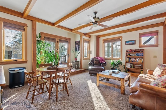 sunroom / solarium with ceiling fan, plenty of natural light, and beam ceiling