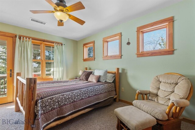 bedroom with ceiling fan and carpet flooring