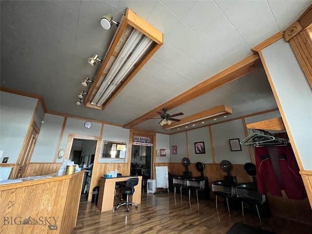 kitchen featuring ceiling fan, wood-type flooring, and wooden walls