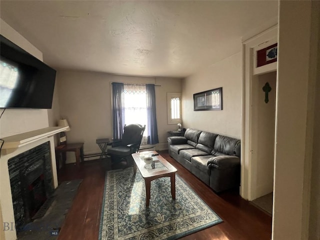 living room with a baseboard heating unit and dark hardwood / wood-style floors