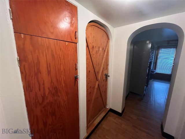 hallway with dark hardwood / wood-style flooring