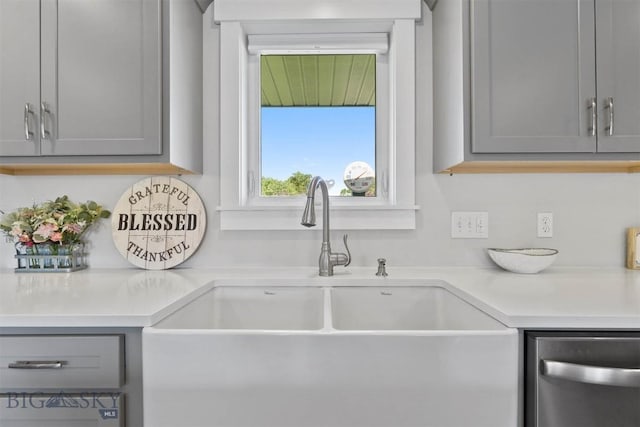 kitchen featuring gray cabinetry, sink, and stainless steel dishwasher