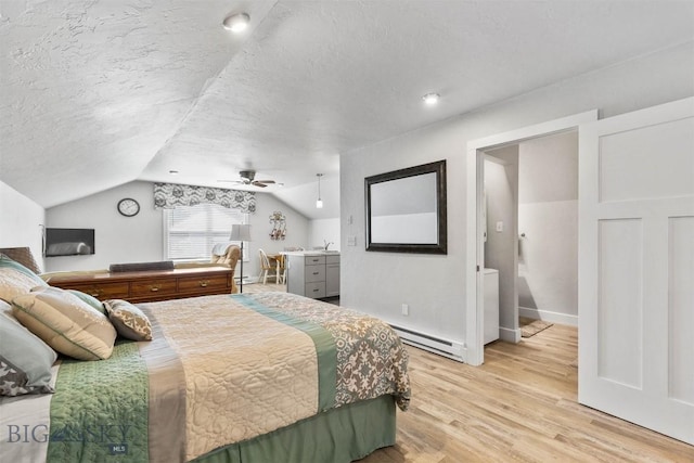 bedroom with lofted ceiling, a textured ceiling, light wood-type flooring, a baseboard radiator, and ceiling fan