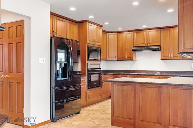 kitchen with sink, light tile patterned floors, black appliances, and kitchen peninsula