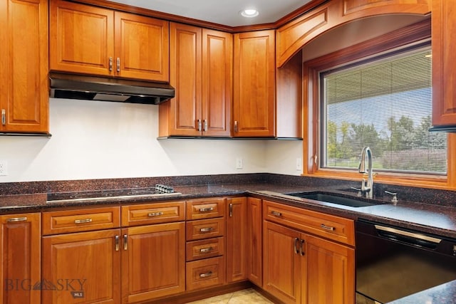 kitchen with black appliances, sink, and dark stone countertops