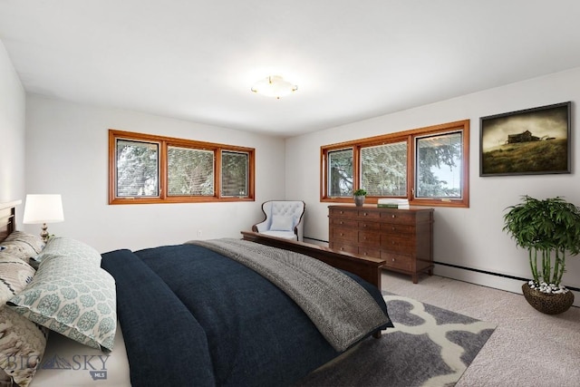 carpeted bedroom with baseboard heating