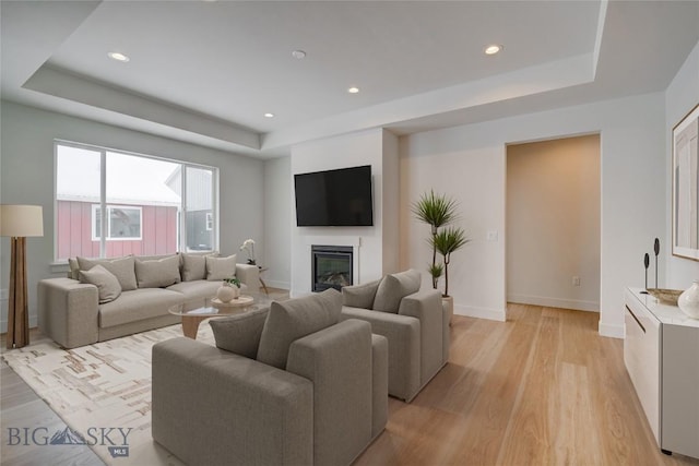 living room featuring light hardwood / wood-style floors and a tray ceiling