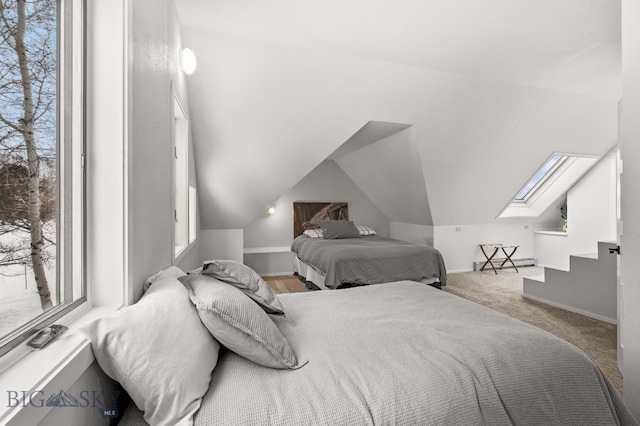 9 Park Plaza Rd, Bozeman, MT 59715 - carpeted bedroom featuring baseboards, multiple windows, and lofted ceiling with skylight