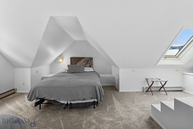 9 Park Plaza Rd, Bozeman, MT 59715 - carpeted bedroom with a baseboard radiator, vaulted ceiling, baseboards, and a skylight