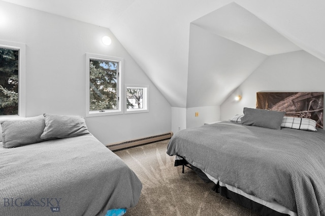 9 Park Plaza Rd, Bozeman, MT 59715 - bedroom with carpet flooring, vaulted ceiling, and baseboard heating