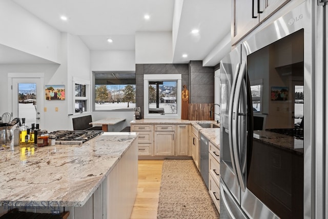 9 Park Plaza Rd, Bozeman, MT 59715 - kitchen with light stone countertops, recessed lighting, light wood-type flooring, a sink, and stainless steel appliances