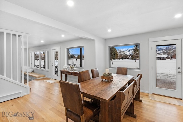 9 Park Plaza Rd, Bozeman, MT 59715 - dining space with recessed lighting, baseboards, a baseboard heating unit, and light wood finished floors