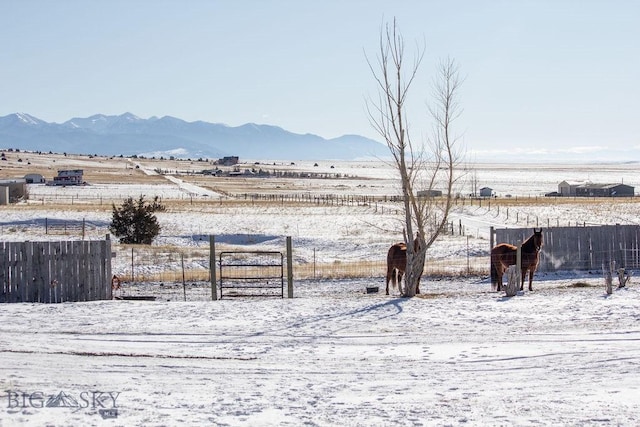 yard layered in snow with a rural view and a mountain view