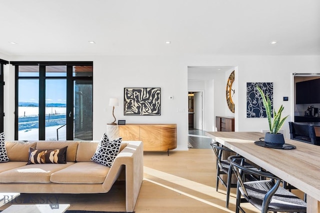 living room with light hardwood / wood-style floors and a wall of windows