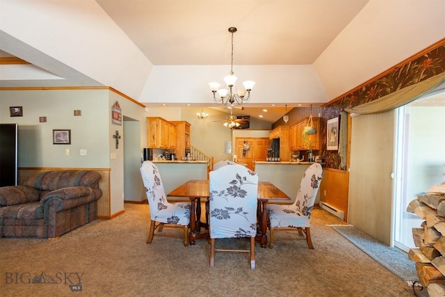 dining space featuring an inviting chandelier, light colored carpet, lofted ceiling, and baseboard heating
