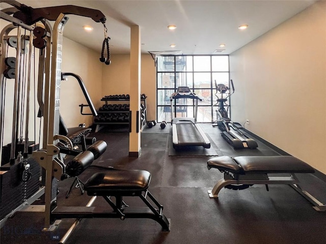 gym with floor to ceiling windows