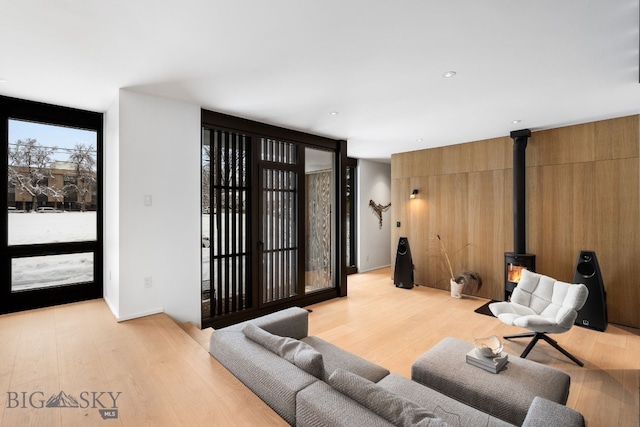 living room featuring expansive windows and light hardwood / wood-style flooring