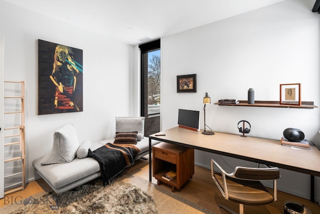 office area featuring expansive windows and wood-type flooring