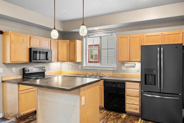 3911 Bosal St, Bozeman, MT 59718 - kitchen with black appliances, light brown cabinetry, a sink, dark countertops, and dark wood-style floors