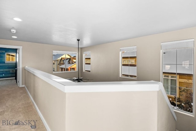3911 Bosal St, Bozeman, MT 59718 - hall featuring an upstairs landing, carpet floors, baseboards, and recessed lighting