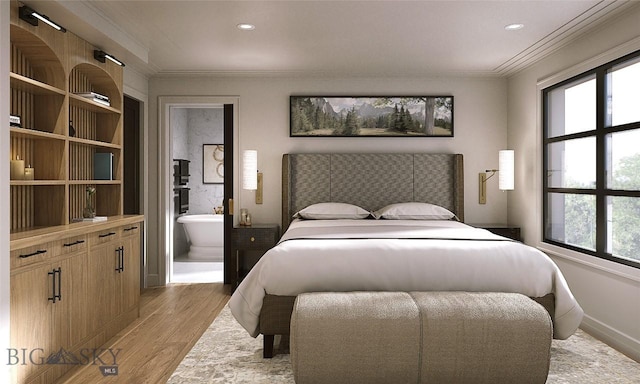 bedroom featuring multiple windows, ensuite bathroom, ornamental molding, and light wood-type flooring