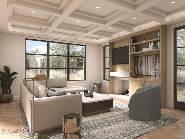 interior space featuring parquet floors and coffered ceiling