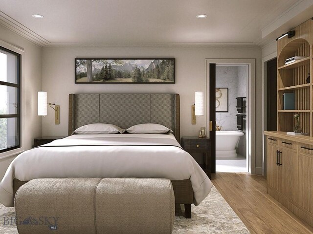 bedroom featuring ornamental molding, light hardwood / wood-style flooring, and ensuite bath