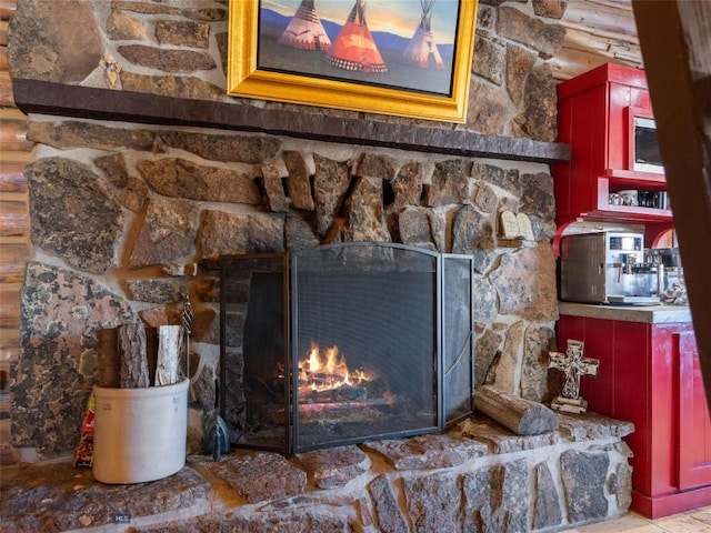 107 Dry Creek Trl, Ennis, MT 59729 - detailed view of a stone fireplace and rustic walls
