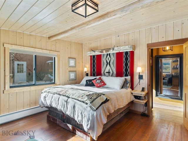 107 Dry Creek Trl, Ennis, MT 59729 - bedroom featuring wooden ceiling with exposed beams, wooden walls, baseboard heating, wood-type flooring, and baseboards