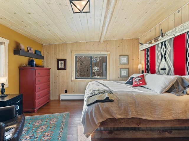 107 Dry Creek Trl, Ennis, MT 59729 - bedroom with wooden ceiling, a baseboard heating unit, wood finished floors, and wooden walls