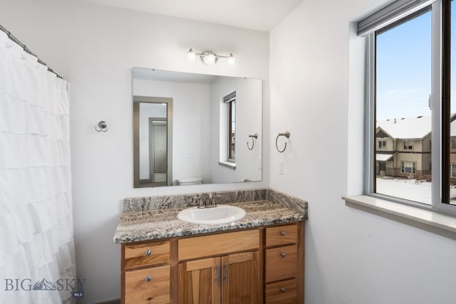 bathroom with toilet, a healthy amount of sunlight, and vanity