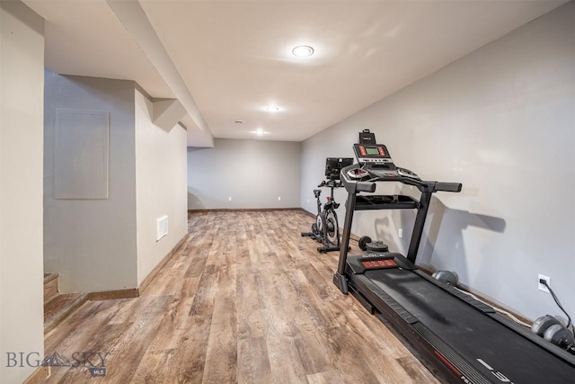 workout area featuring light hardwood / wood-style flooring