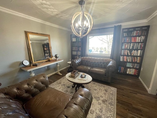 living room featuring crown molding, an inviting chandelier, and dark hardwood / wood-style flooring