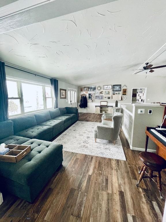 living room with dark hardwood / wood-style flooring