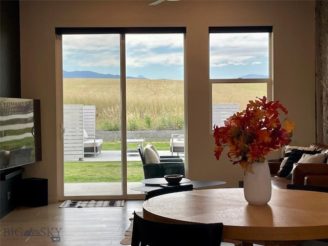 dining room featuring wood finished floors and a mountain view