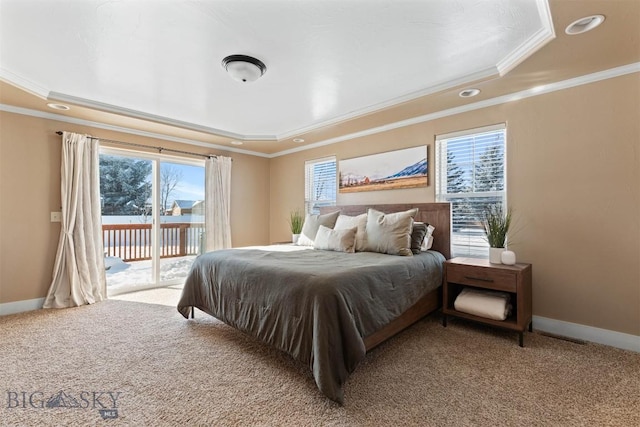 bedroom featuring access to exterior, crown molding, multiple windows, and a tray ceiling